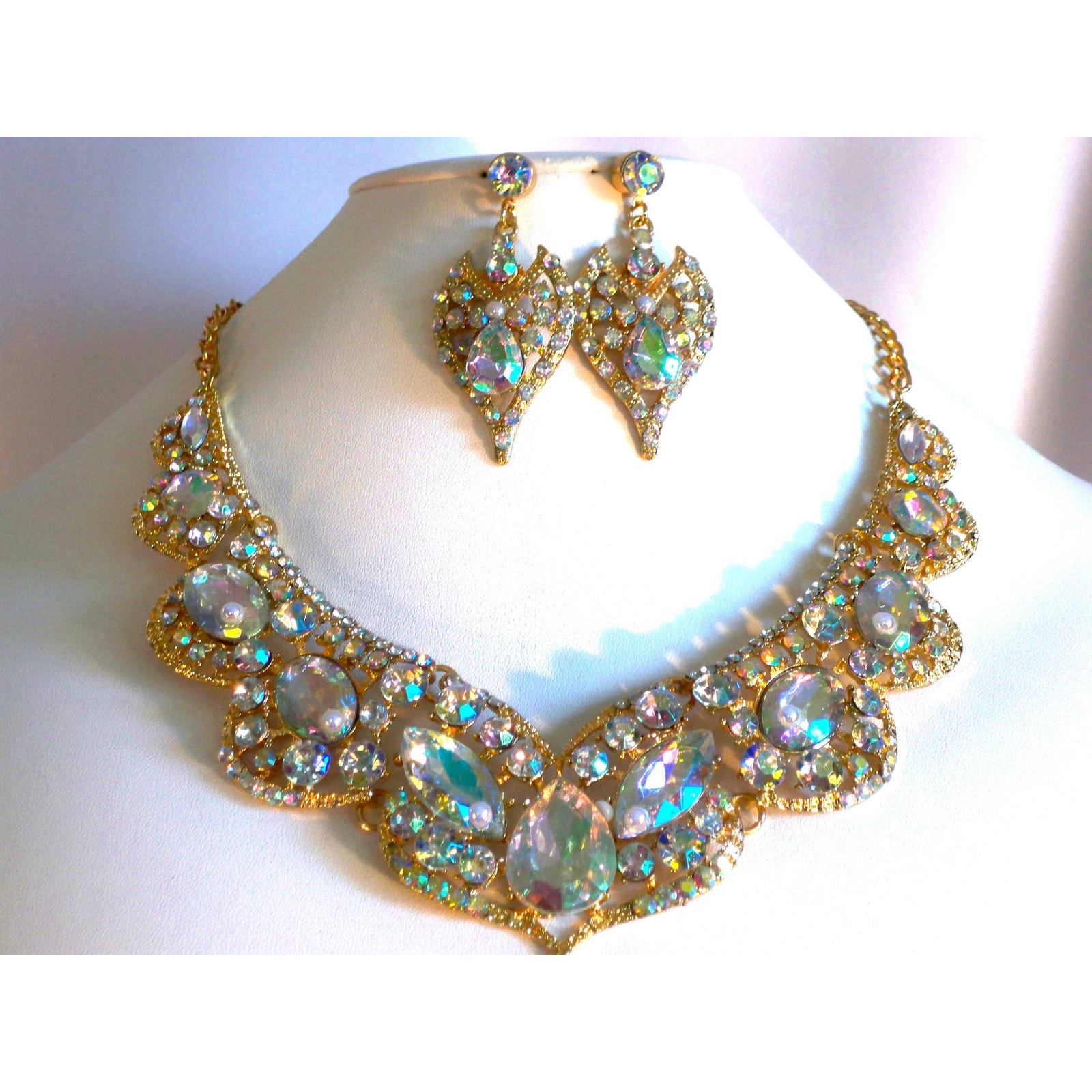 Gold Ab Rhinestone Necklace Set, Wedding Bridal Mob Prom Party Formal Necklace